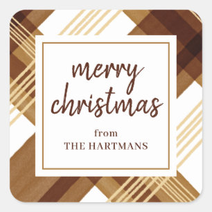 Adesivo Quadrado Aquarela Plaid Dourado Âmbar Natal Feliz Nome