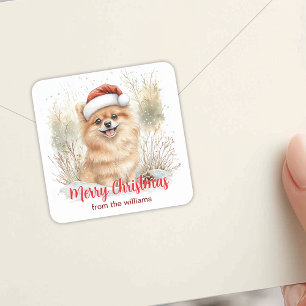 Adesivo Quadrado Aquarela Pomerânia em Santa Chapéu Feliz Natal