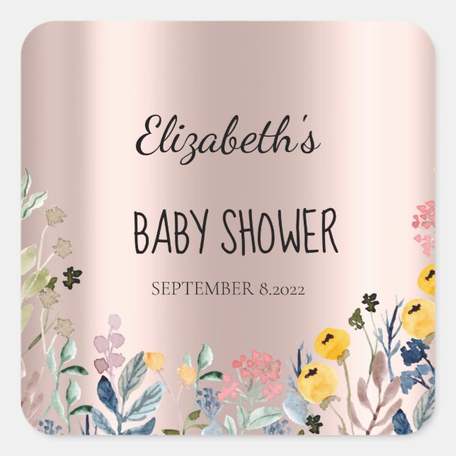 Adesivo Quadrado Aquarela Rosa de flor selvagem Dourada (Frente)