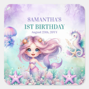 Adesivo Quadrado Aquarela turquesa roxo sereia aniversário de 1 ano
