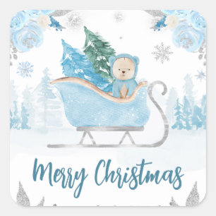 Adesivo Quadrado Aquarela Urso Azul Fofo de Inverno Floral Natal