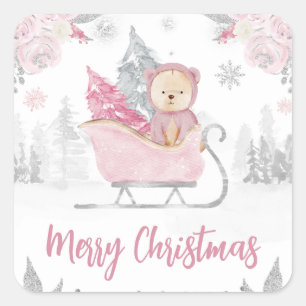 Adesivo Quadrado Aquarela Urso de Natal Floral Rosa Fofo de Inverno