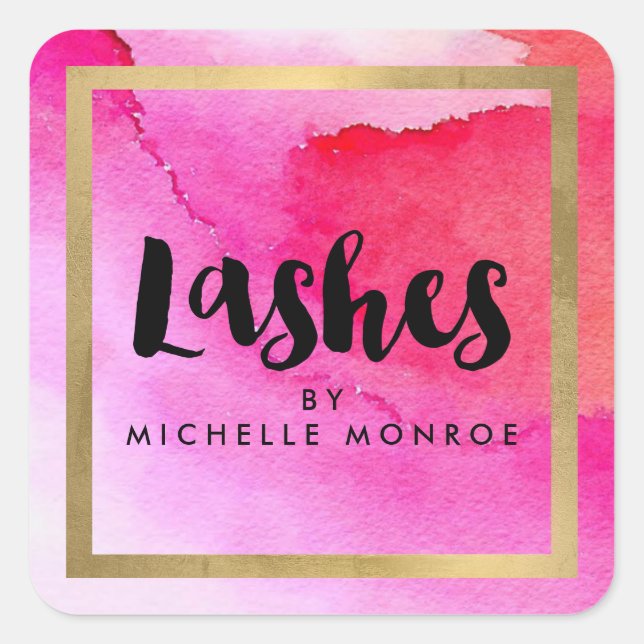 Adesivo Quadrado Aquarelas Cor-de-Rosa Negrito Lash Extensões Salão (Frente)