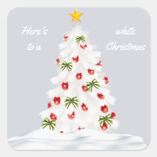 Adesivo Quadrado Aqui está uma árvore de Natal branca com vermelho