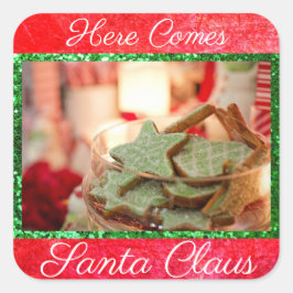 Adesivo Quadrado Aqui Vem o Papai Noel Cookies Stickers