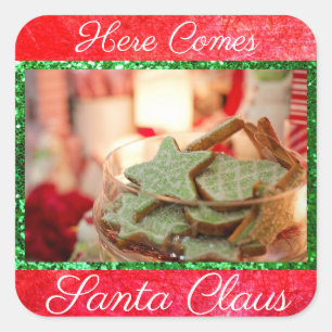 Adesivo Quadrado Aqui Vem o Papai Noel Cookies Stickers