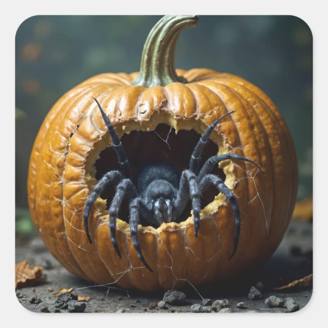 Adesivo Quadrado Aranha Negra Rastejando de uma Pumpkin (Frente)