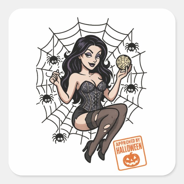Adesivo Quadrado Aranha-Pin-Up-Cartoon - Halloween Aprovada (Frente)