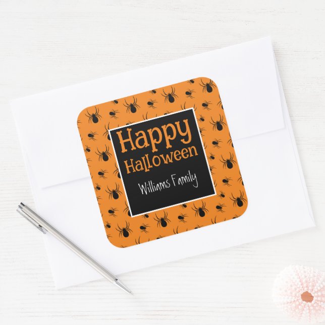 Adesivo Quadrado Aranhas Feliz Halloween Black Orange Personalizado (Envelope)