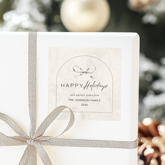 Adesivo Quadrado Arca de Boho Moderno com Nome da Família de Arcos  (Modern boho arch label with calligraphy script 'Happy Holidays' label.)