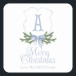 Adesivo Quadrado Arco Azul, Merry Christmas Crest Tag - A<br><div class="desc">Bonita etiqueta de presente de Natal com design de crista de Natal azul,  última personalização inicial e opcional do sobrenome</div>