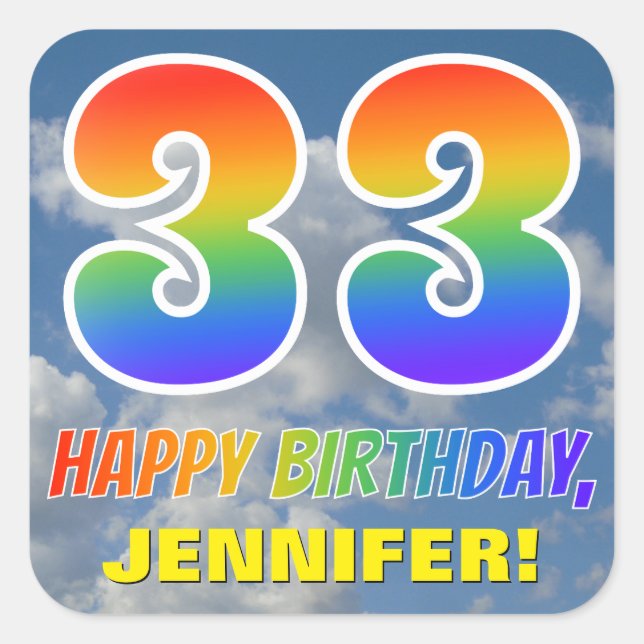 Adesivo Quadrado Arco-Íris "33" e "FELIZ ANIVERSÁRIO", Nuvens, Céu (Frente)