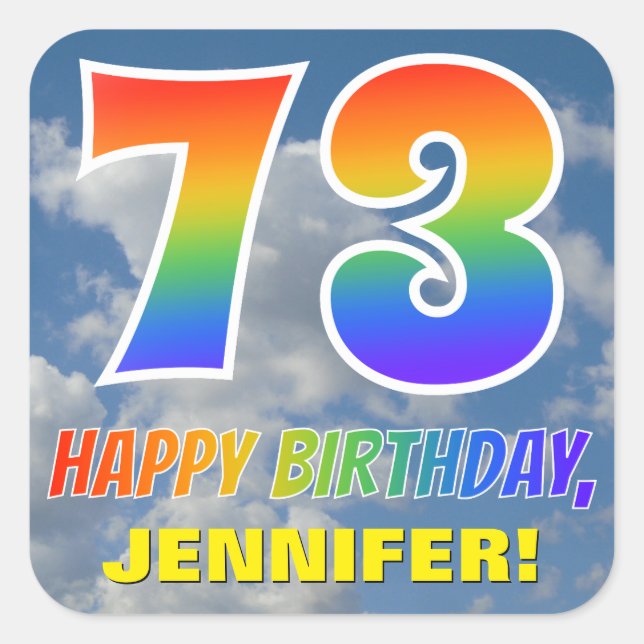 Adesivo Quadrado Arco-Íris "73" e "FELIZ ANIVERSÁRIO", Nuvens, Céu (Frente)