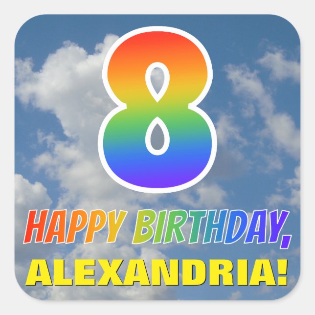 Adesivo Quadrado Arco-Íris "8" e "FELIZ ANIVERSÁRIO", Nuvens, Céu (Frente)