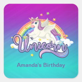Adesivo Quadrado Arco-íris de aniversário mágico caprichoso Unicórn