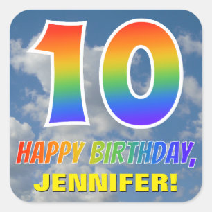 Adesivo Quadrado Arco-Íris Olhe "10" e "FELIZ ANIVERSÁRIO", Nuven