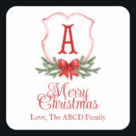 Adesivo Quadrado Arco Vermelho Merry Christmas Crest Sticker Gift T<br><div class="desc">Bonita etiqueta de presente de Natal com um clássico design de crista de Natal vermelho com a última personalização inicial e de nome</div>