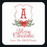 Adesivo Quadrado Arco Vermelho Merry Christmas Crest Sticker Gift T<br><div class="desc">Bonita etiqueta de presente de Natal com um clássico design de crista de Natal vermelho com a última personalização inicial e de nome</div>