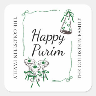 Adesivo Quadrado Arcos Verdes de Purim Parte Chapéu Bebidas Mishloa
