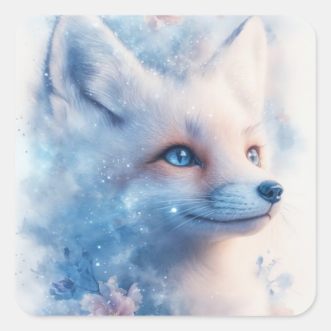 Adesivo Quadrado Arctic Fox with Blue Eyes in Galaxy Nebula (Frente)