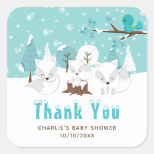 Adesivo Quadrado Arctic Foxes Inverno Baby Shower Obrigado
