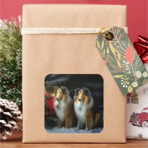 Adesivo Quadrado Arranjo de Natal de Collie Snowy Sleigh