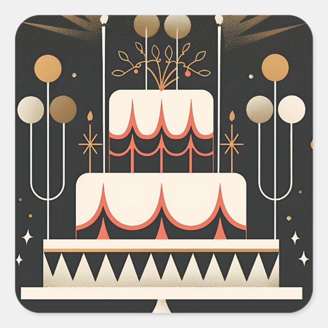 Adesivo Quadrado Art Deco Birthday Cake (Frente)