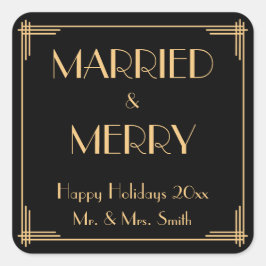 Adesivo Quadrado Art Deco Casou-Se Com Vinhetas De Natal Feliz