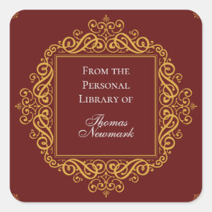 Adesivo Quadrado Art Deco Dark Red Filigree Square Bookplate