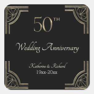 Adesivo Quadrado Art Deco de 50º Ouro de Casamento de Aniversário