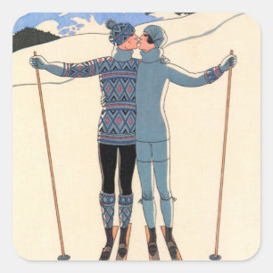 Adesivo Quadrado Art deco do vintage, amantes na neve por George