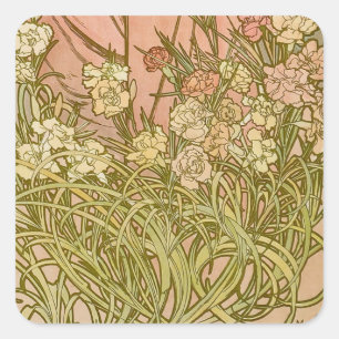 Adesivo Quadrado Art Nouveau Alfonse Mucha Flores de cravo florais