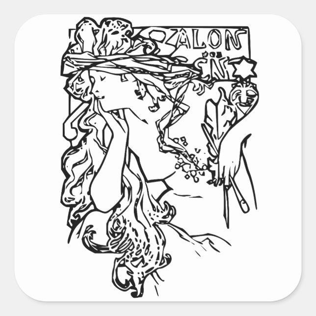 Adesivo Quadrado Art nouveau Alphonse Mucha salon preto e branco (Frente)