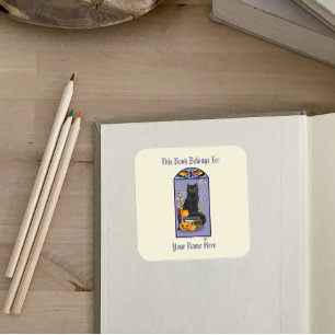 Adesivo Quadrado Art Nouveau Black Cat Bookplate