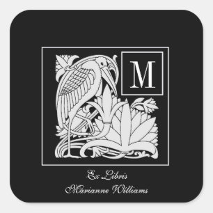 Adesivo Quadrado Art Nouveau Heron Monographic Bookplate Sticker