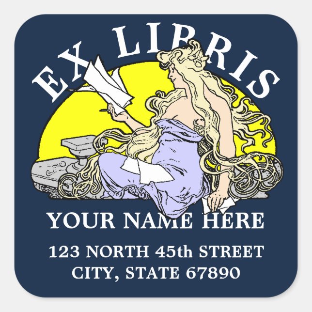 Adesivo Quadrado Art Nouveau Mulher Lendo Mucha Ex Libris Modelo (Frente)