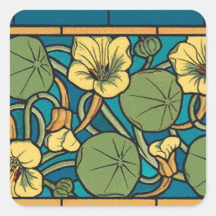 Adesivo Quadrado Art Nouveau Nasturtium Azul Dourado floral Verneui
