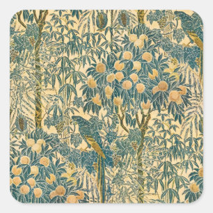 Adesivo Quadrado Arte Antiga de Walter Crane de Arara e Fruta Cítri