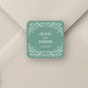 Adesivo Quadrado Arte Botânica em Linha Verde Sálvia Casamento