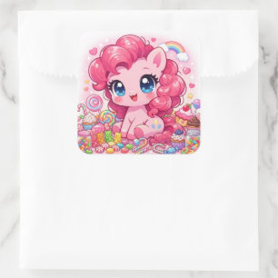 Adesivo Quadrado Arte Chibi de Pônei Rosa Kawaii - Doce e Bolo