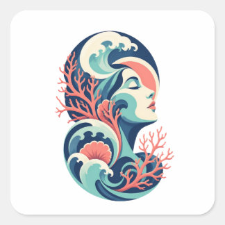 Adesivo Quadrado Arte da Deusa do Oceano – Mulher de Ondas Abstrata