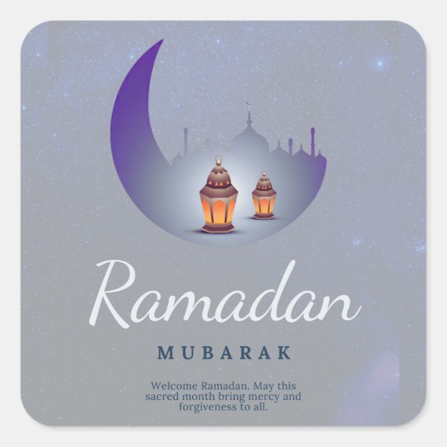 Adesivo Quadrado Arte da Lanterna da Lua Crescente do Ramadan Mubar (Frente)