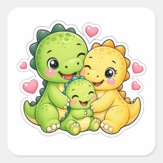 Adesivo Quadrado Arte de Abraço de Família de Dinossauro Fofo