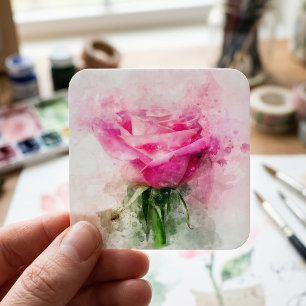 Adesivo Quadrado Arte de Aquarela de Rosa Rosa em Fundo Branco