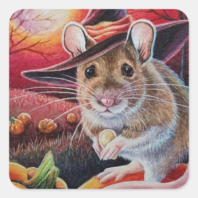 Adesivo Quadrado Arte de Aquarela do Mouse de Bruxa de Halloween (Frente)