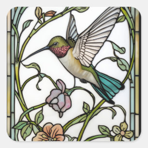 Adesivo Quadrado Arte de beija-flor elegante botânico boho chic