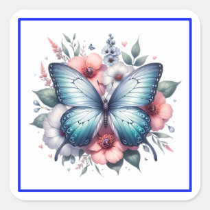 Adesivo Quadrado Arte de Buquê Floral de Borboleta Vibrante -96283