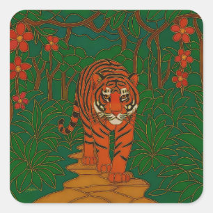 Adesivo Quadrado Arte de cloisonne: Tigre no Caminho da Selva