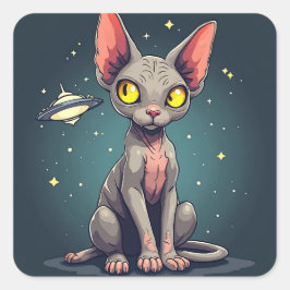 Adesivo Quadrado Arte de desenho animado espacial de gato Sphynx ju