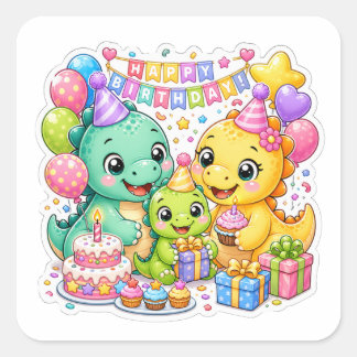 Adesivo Quadrado Arte de Dinossauro Festa de Aniversário Fofa